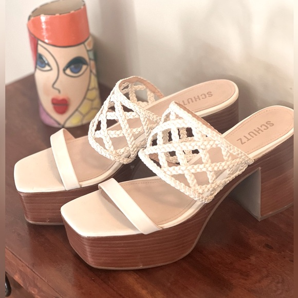 Schultz Shoes Wooden Wedge Platform Sandals in White Leather. Size 9.5 - Picture 2 of 7